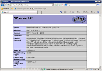 Ausgabe von phpinfo() nach erfolgreichem Einrichten über den Webplattform-Installer
